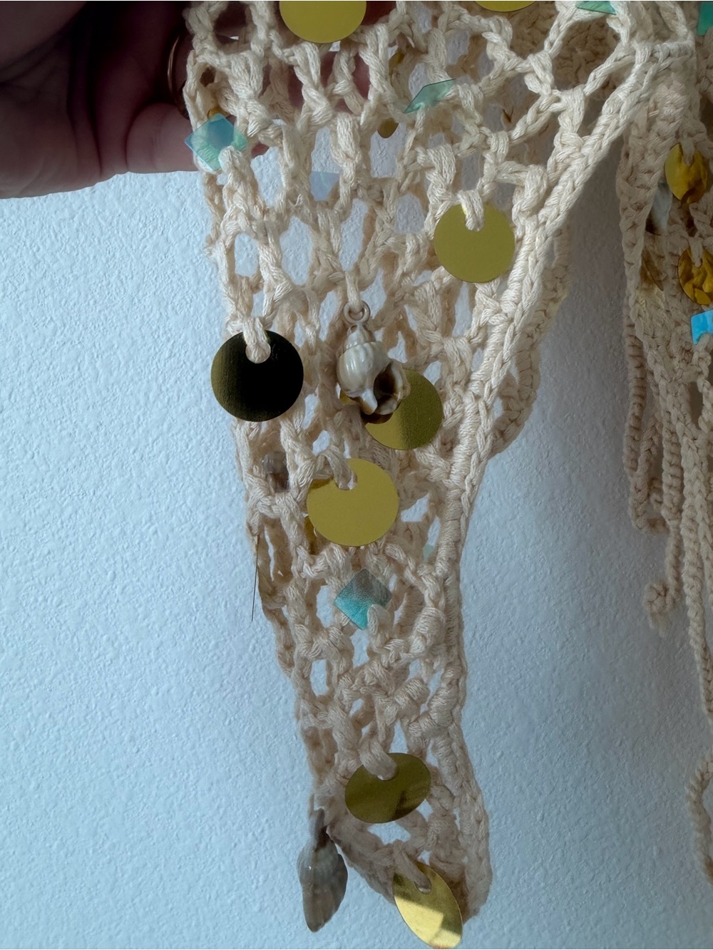 Beige Crochet Sequin Tie-Shoulder Tank Top - Picture 4 of 5